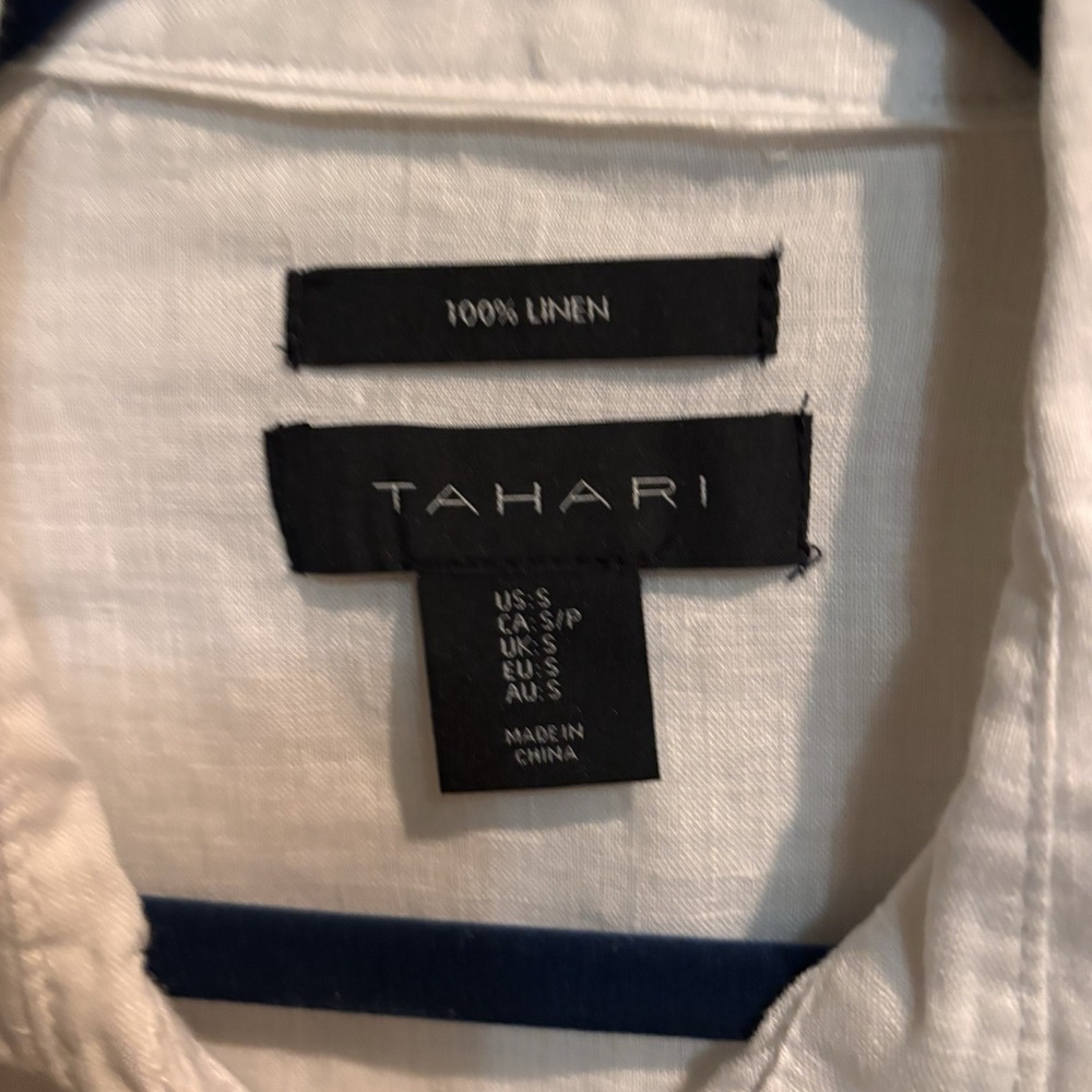 Tahari 100% Linen Button Front Shirt White‎ Long Sleeve Roll Tab Casual Women S - Picture 3 of 3